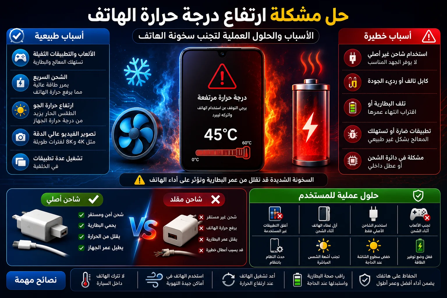 حل مشكلة ارتفاع درجة حرارة الهاتف