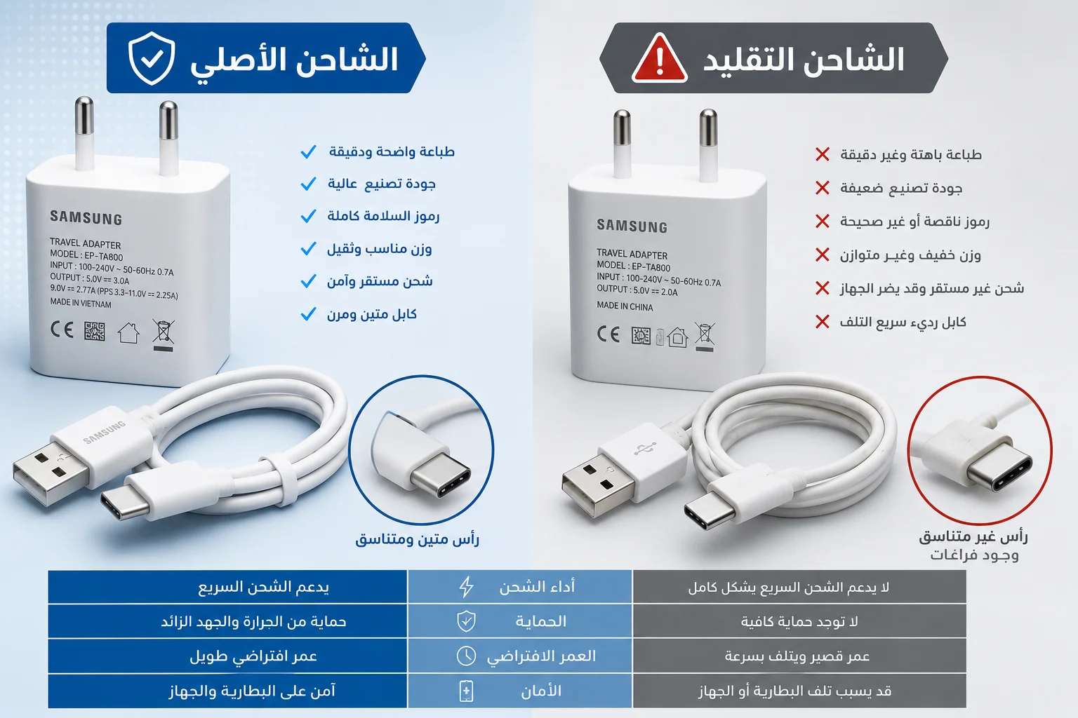الفرق بين الشاحن الأصلي والتقليد.