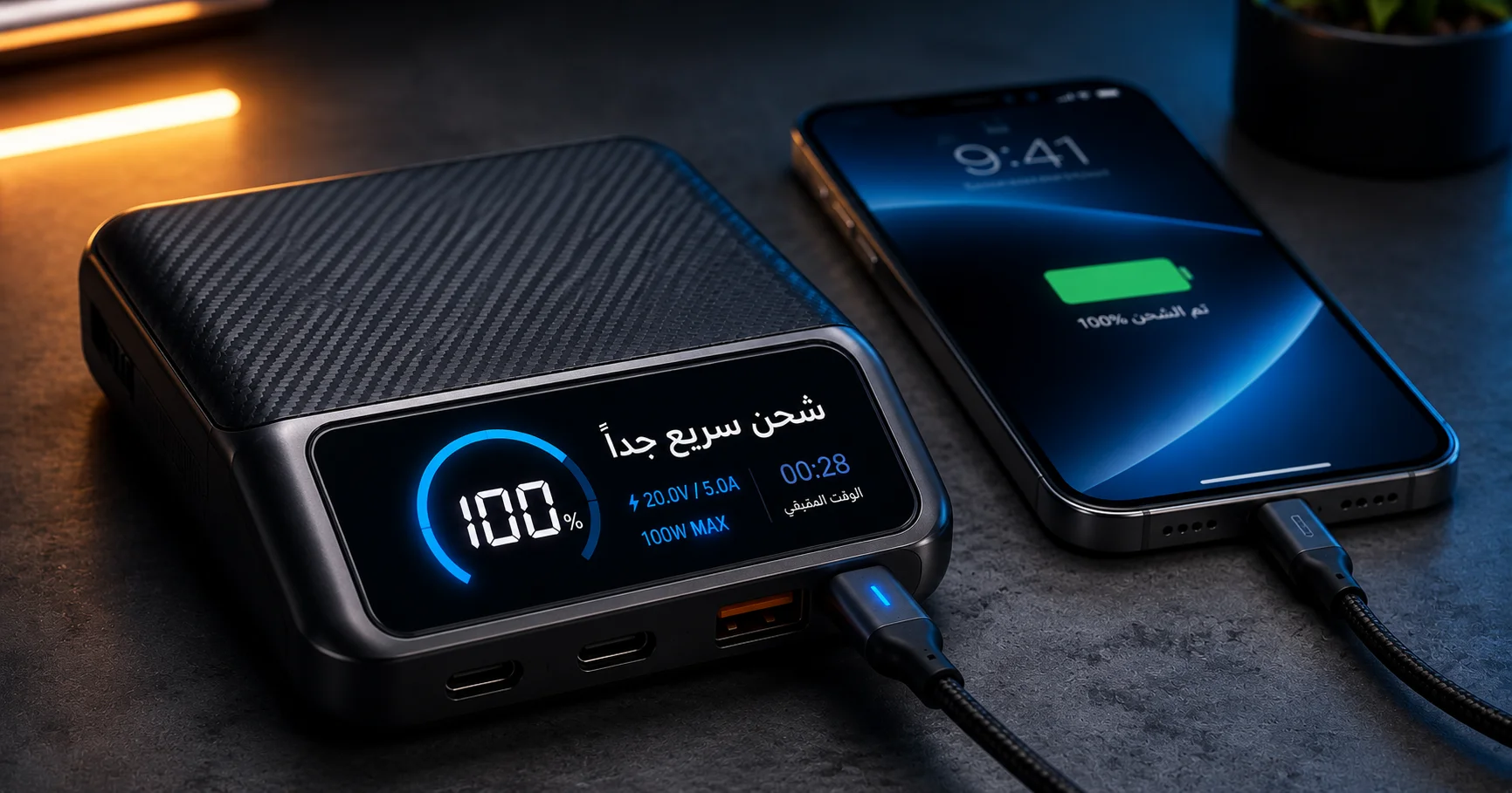 باور بانك حديث يشحن هاتفًا ذكيًا مع شاشة رقمية تعرض نسبة الشحن الكاملة وتقنية الشحن السريع
