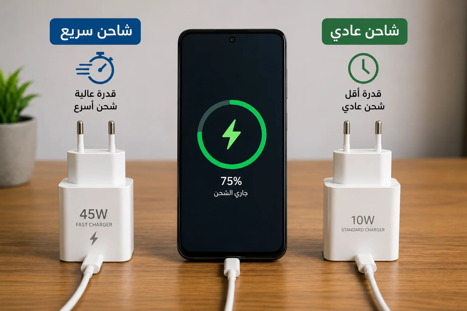 شاحن سريع وشاحن عادي بجوار هاتف ذكي.