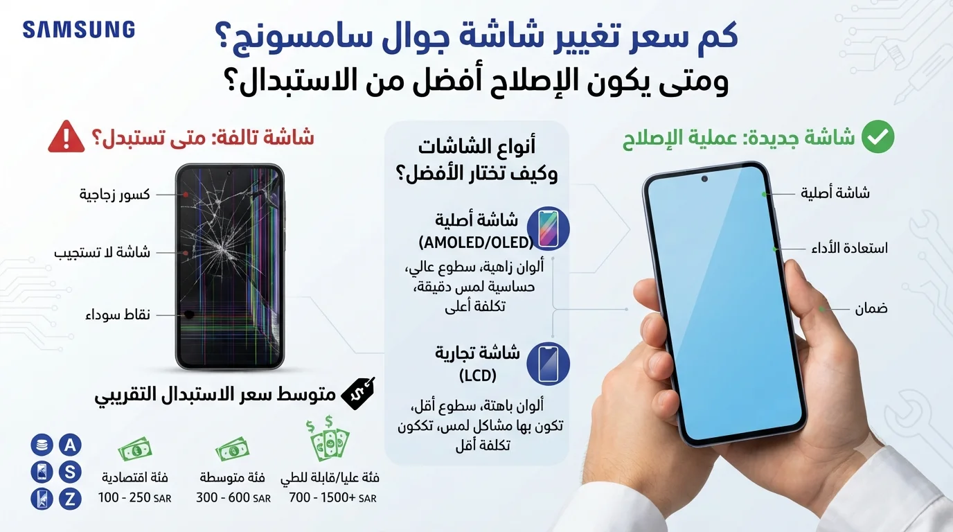 كم سعر تغيير شاشة جوال سامسونج؟ ومتى يكون الإصلاح أفضل من الاستبدال؟